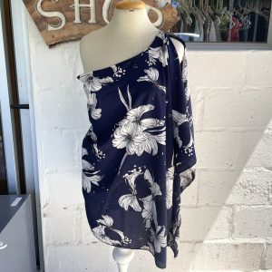 Navy with White Flower Off-Shoulder Blouse