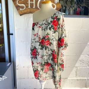 Green with Red Flower Off-Shoulder Blouse