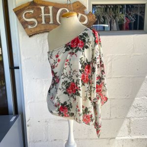 Green with Red Flower Off-Shoulder Blouse