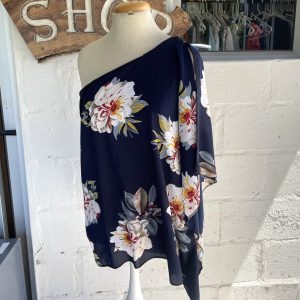 Navy with Flower Off-Shoulder Blouse