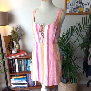 Pink and Orange Stripy Linen Feel Dress | Small