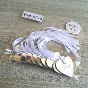 Silver Mirror "Thank You" Heart Tags with White Ribbon | Pack of 10